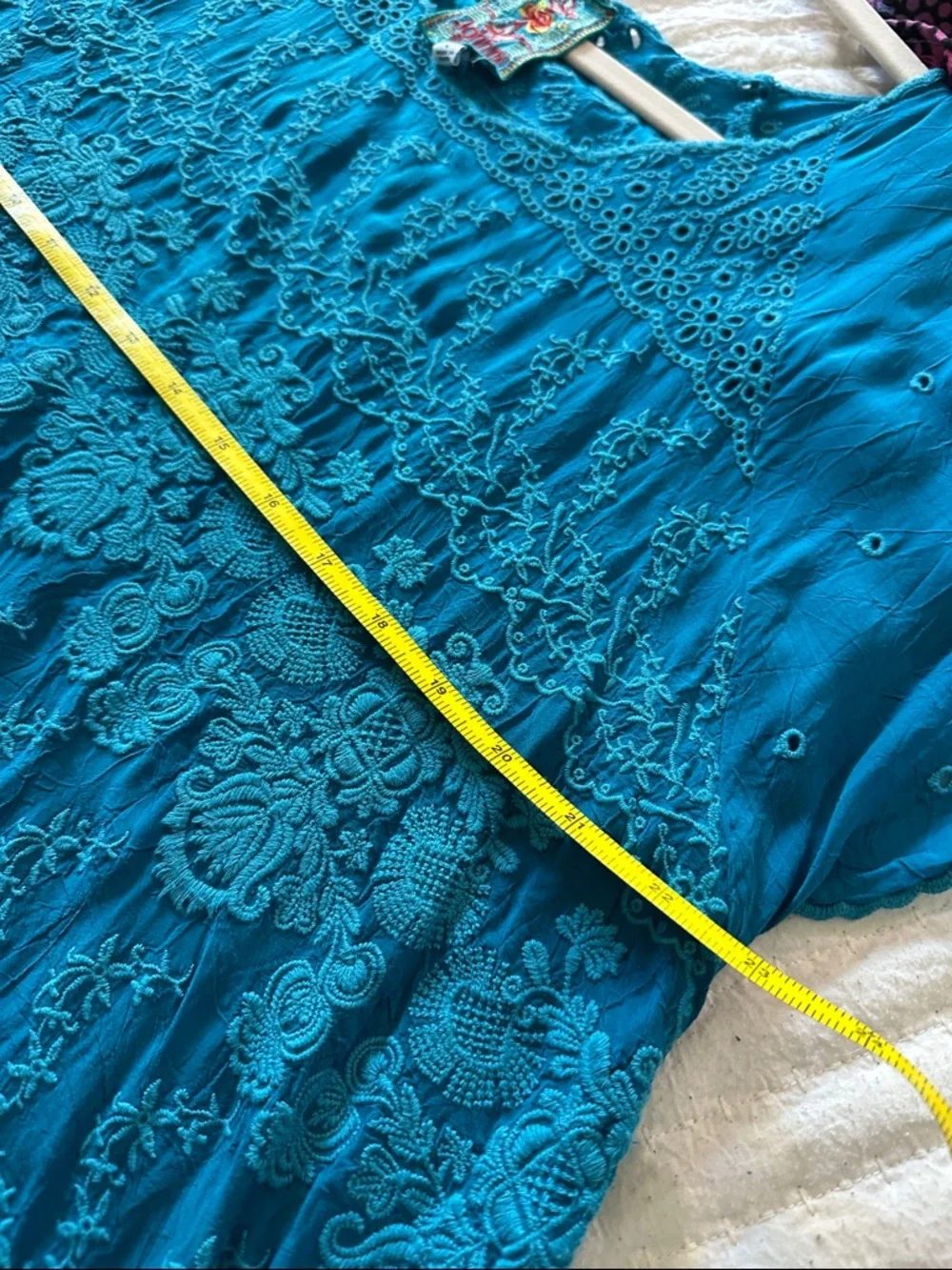 Johnny Was Teal Embroidered Short-Sleeve Tunic - Picture 5 of 7